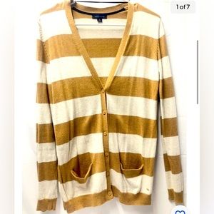 Tommy Hilfiger Womens Sweater White Brown  Cardigan Striped Small